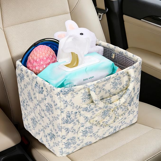 Quilted Fabric Basket Car Storage Basket Boho Floral Laundry Hamper for Nursery Bedroom & Living Room | Organize Clothes Toys