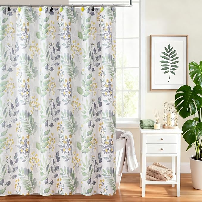 Sage Green Yellow Leaf Floral Shower Curtain, Watercolor Plant Fabric Shower Curtain, Waterproof Decorative Boho Botanical Bathroom Curtains, 72" W x 78" H