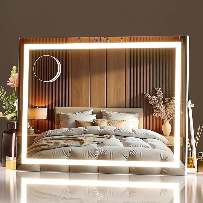 MINISO Vanity Mirror with Lights, 13.8" x 10.6" LED Makeu Mirror, Light & Brightness Adjustment, Smart Sensor, Aluminum Alloy Metal White Frame, with 5X Magnifying Glass