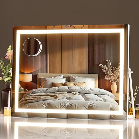 MINISO Vanity Mirror with Lights, 13.8" x 10.6" LED Makeu Mirror, Light & Brightness Adjustment, Smart Sensor, Aluminum Alloy Metal White Frame, with 5X Magnifying Glass