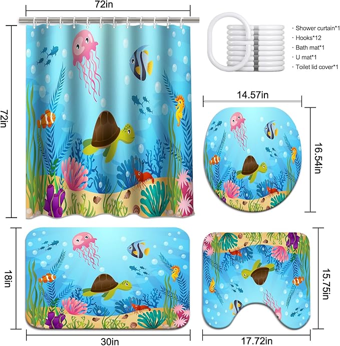 Lnond 4 Pcs Kids Bathroom Shower Curtain Set, Ocean Sea Turtle Bathroom Sets for Kids Bathroom Decoration with Shower Curtain, Non Slip Bathroom Rugs, Toilet Lid Cover, U Toilet Mat and 12 Hooks
