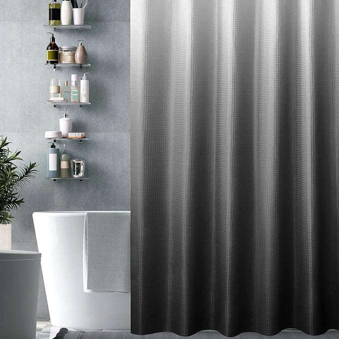 Gibelle Small Stall Shower Curtain 36 x 72, Narrow Half Black Ombre Shower Curtain for Bathroom, Waffle Weave Fabric Shower Curtain Set with Hooks, Water Repellent, Machine Washable