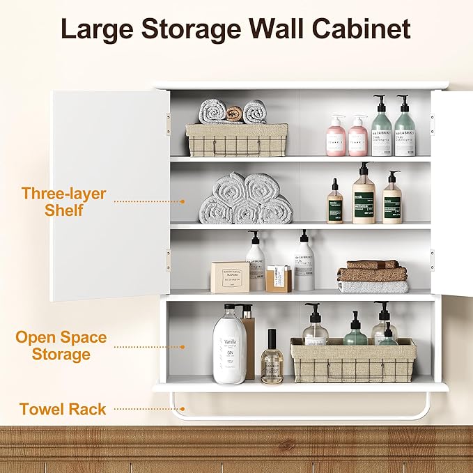 RoyalCraft Bathroom Wall Cabinet with Mirror, Over the Toilet Storage Cabinet with Towel Rack and Adjustable Shelf, Large Bathroom Medicine Cabinet Wall Mount 22x25 inch (White)