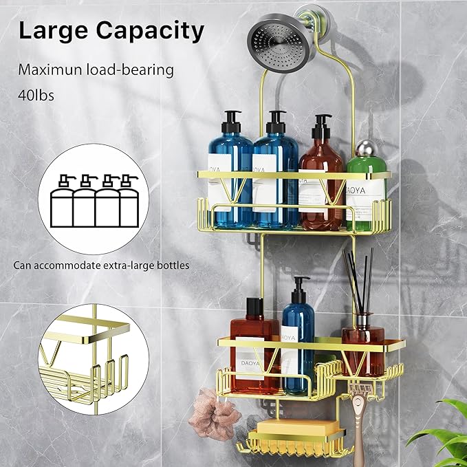 DAOYA Golden Stainless Steel Shower Caddy Hanging with 2-Tier Baskets, Soap Holder & Razor Holder - Non-Slip Rubber Pads for 0.82" Shower Heads, Enhanced Stability & Elegant V-Smile Design