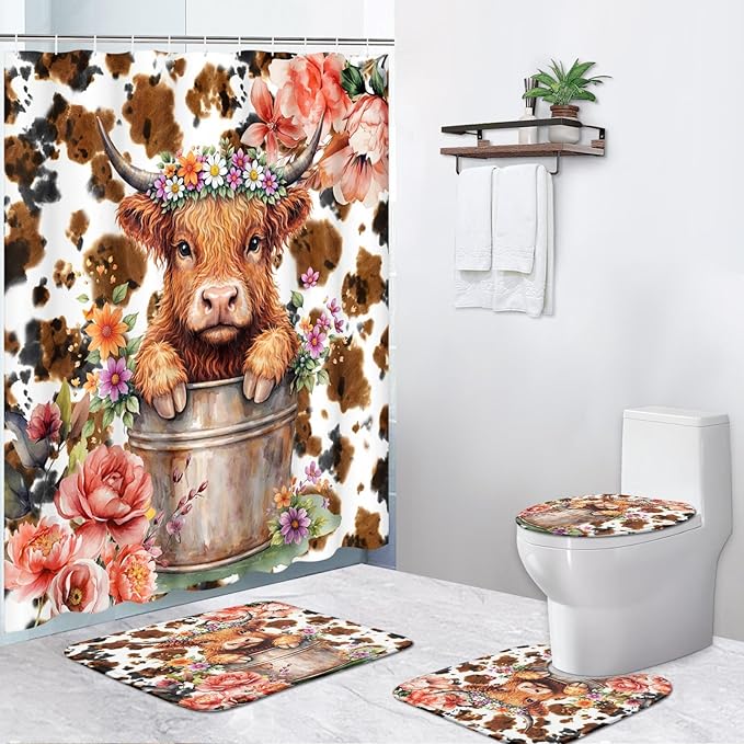 Pamnest 4 Pcs Shower Curtain Sets, Highland Calf Abstract Paw Waterproof Bathroom Sets with Non-Slip Rugs, Toilet Lid Cover and Bath Mat, Accessories Modern Home Bathroom Decor 72" X 72"