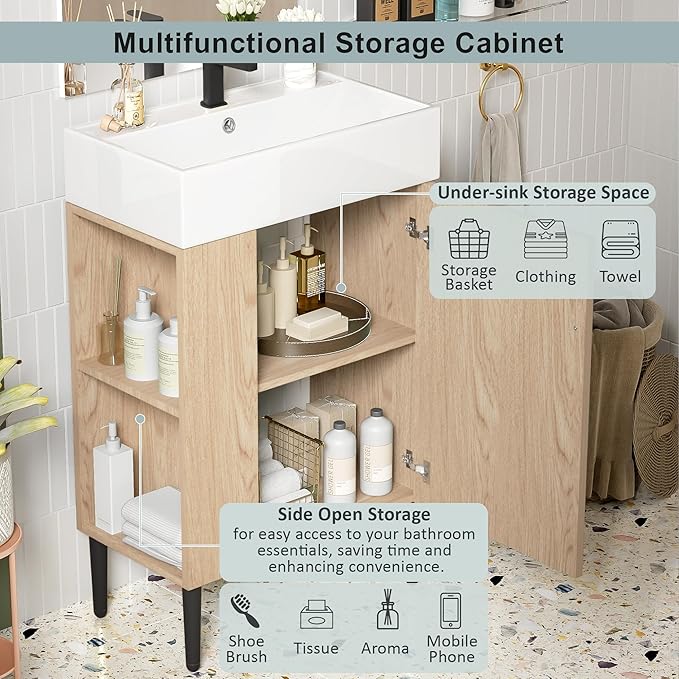 Virubi 21.6 in Small Bathroom Vanity with Sink,Doors and Storage Shelves,Wood Modern Single Fluted Bathroom Sink Cabinet Freestanding (Natural Wood,Left Shelf)