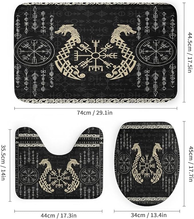 Brebasf Norse Vikings 4 Pcs Waterproof Shower Curtain Set Abstract Dragon Retro Mystical Symbol Compass with Waterproof Toilet Cover Shower Mat Rugs,72" W x 72" L