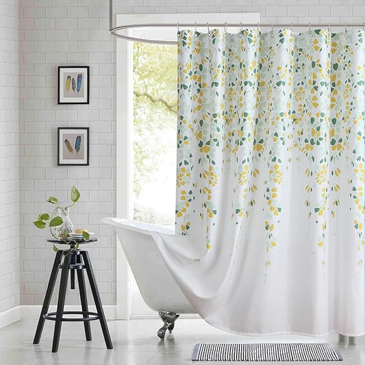 Fabric Floral Shower Curtain, 78 Inch Long Yellow and Sage Green Flower Waterproof Bathroom Shower Curtains, 72" W x 78" H