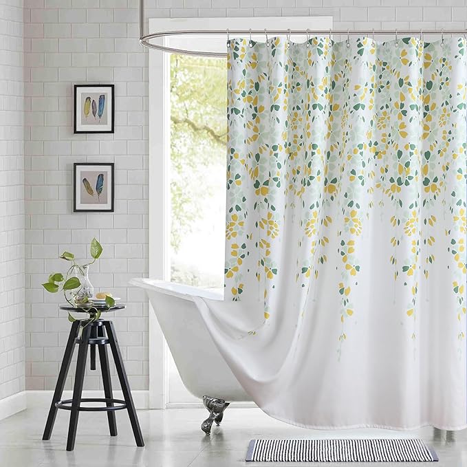 Fabric Floral Shower Curtain, Yellow and Sage Green Flower Shower Curtains for Bathroom, Waterproof Bathroom Curtains, 72" W x 72" H