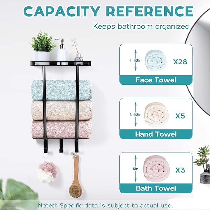Wall Mounted Towel Racks for Bathroom, Onader 15 Inch Black Bath Towel Holder with Metal Shelf and 3 Hooks