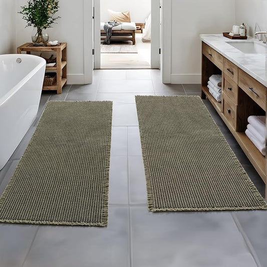 MIULEE Set of 2 Waffle Bathroom Runner Rugs, Boho Bath Rugs Non Slip, Super Absorbent Runner Bath Mats, Rubber Backed Shower Mats for Hallway Bedroom Laundry Room, Green, 2'x6'(24x72 Inch)