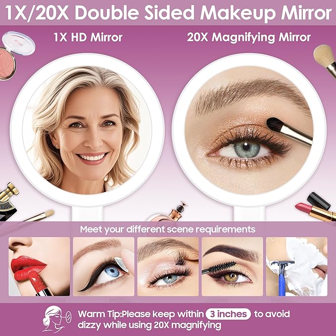 20x Magnifying Mirror with Light, Travel Mirror with Light, Lighted Makeup Mirrors with Magnification, Hand Held Mirrors with Handle, Portable Tabletop, Suitable for Bathroom