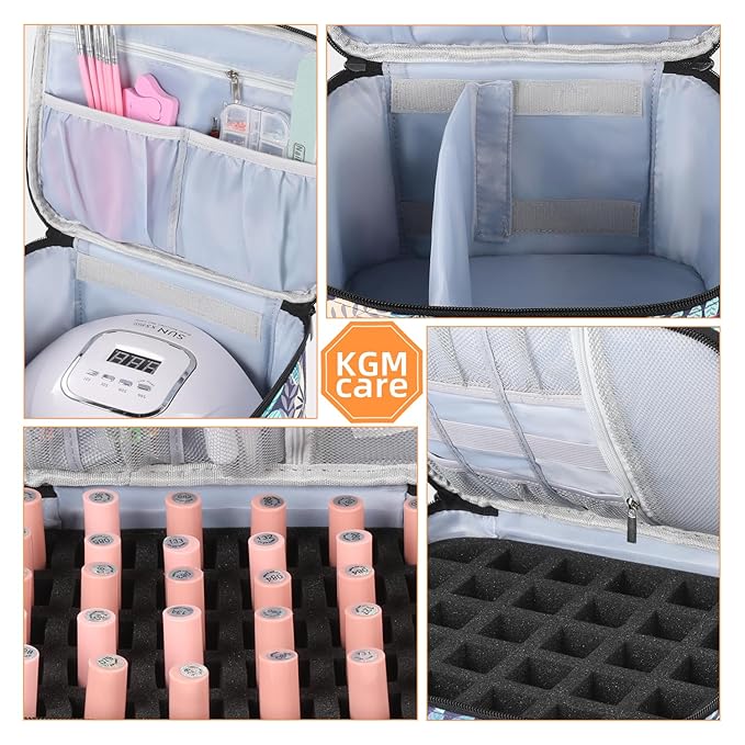 Portable Nail Polish Storage Bag with UV Light Case - Holds 30 Bottles and 1 UV LED Nail Lamp, Double-Layers Nail Dryer Case for Gel Nail Polish Kit, Nail Art Decorations （Leaves）