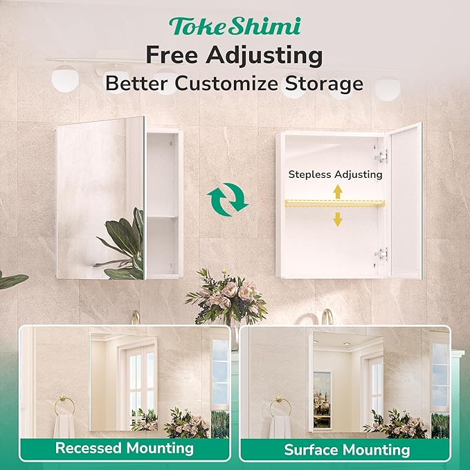 TokeShimi 14x18 Bathroom Medicine Cabinet, Tempered Mirror with Adjustable Storage Frameless White Farmhouse Medicine Cabinet Recessed