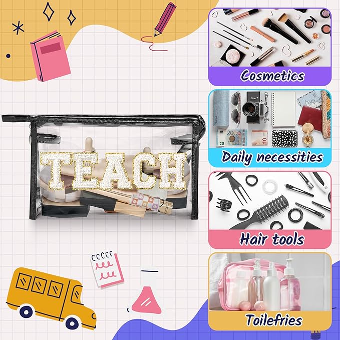 CY2SIDE TEACH Clear Makeup Bag - White TEACH Letter Patch Cosmetic Bag with Handle for Travel PVC Zipper Clear Toiletries Waterproof Portable Travel Organizer Teacher Appreciation Gifts, Black