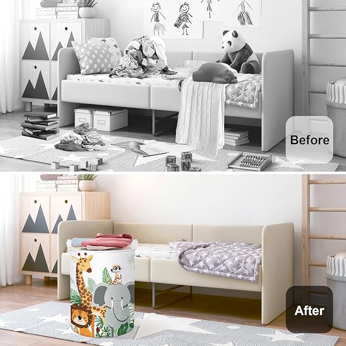 Tropical Animals Baby Laundry Hamper Collapsible Clothes Kid Storage Basket Giraffe Elephant Large Boys Girls Gift Toy Box Bin for Nursery, Lion, 63L