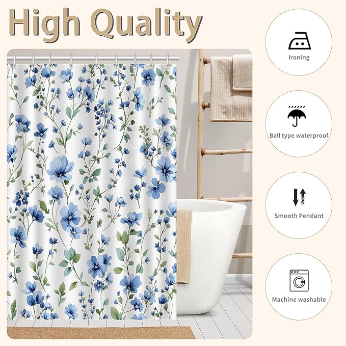 Blue Floral Shower Curtain，Cute Bright Wildflower Rustic Flower Blossom Farmhouse Leaves Botanical Cloth Fabric ，Waterproof Polyester Bathroom Home Decor Set with 12 Hooks，72 x 72 Inch