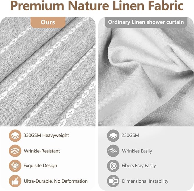 72 x 84 inch Extra Long Boho Chic Shower Curtain Heavyweight with Tassels, Grey Linen Textured Fabric Farmhouse Shower Curtain, Elegant Gray & White Striped Bathroom Curtain Water Repellent