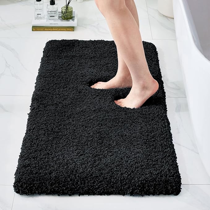 Bathroom Rugs Non Slip Washable 48x24, Ultra Thick Soft Microfiber Absorbent Bath Mats, High Density Foam Latex Non Slip Backing Bath Rugs, Fluffy Floor Carpet for Tub&Shower, Black