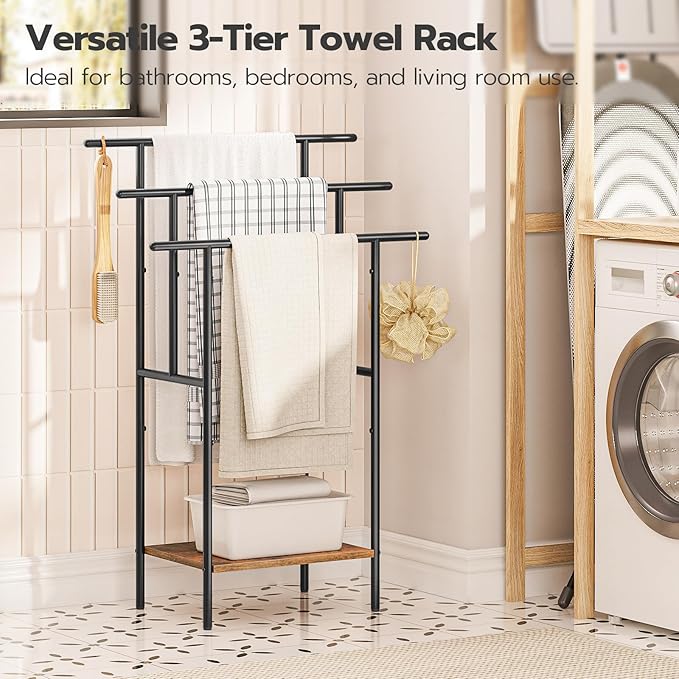 HOOBRO 39.4" Tall Freestanding Towel Rack for Bathroom, 3 Tier Stepped Blanket Rack with Shelf, Oversized Bath Towels Drying and Display Rack, Black and Rustic Brown BF50LB01