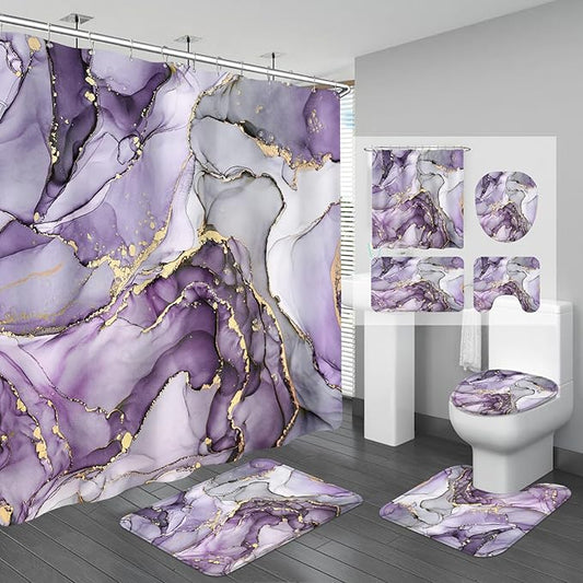 4PCS Purple Gold Marble Bathroom Sets with Shower Curtain and Rugs, Abstract Gold Shower Curtain Sets with Rugs, Modern Bathroom Curtains Shower Set with Toilet Lid Cover