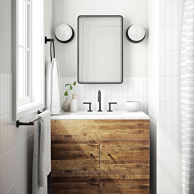 TEHOME Surface Mount 16.5x27.5'' Black Bathroom Medicine Cabinet with Mirror Matt Black Metal Framed Rounded Rectangle Medicine Cabinet with Beveled Mirror 3 Adjustable Glass Shelves