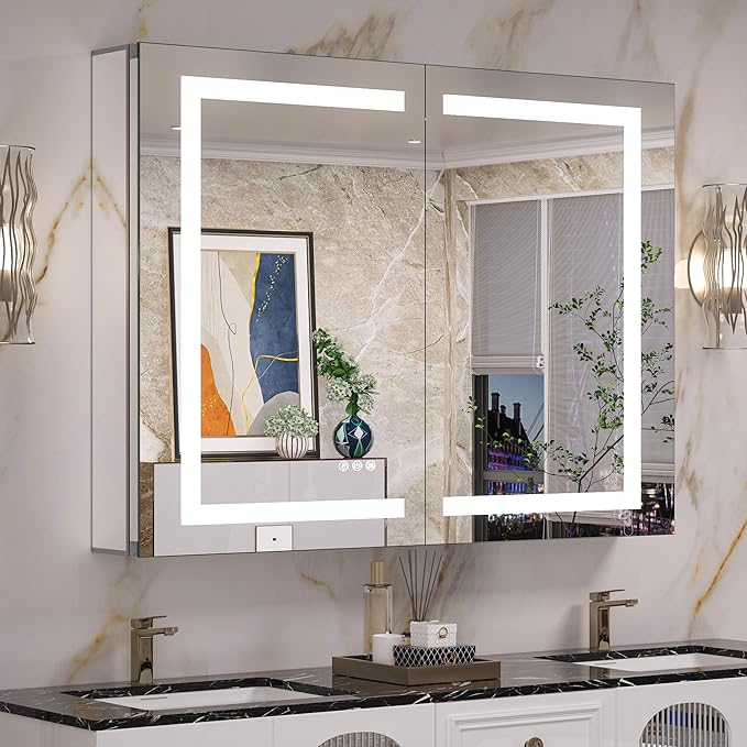 Keonjinn 40 x 32 Inch Medicine Cabinet with Lights with Defogger and Outlet, LED Medicine Cabinet with Mirror 3 Colors Dimmable, Tempered Glass Frontlit Mirror with Storage for Modern Decor