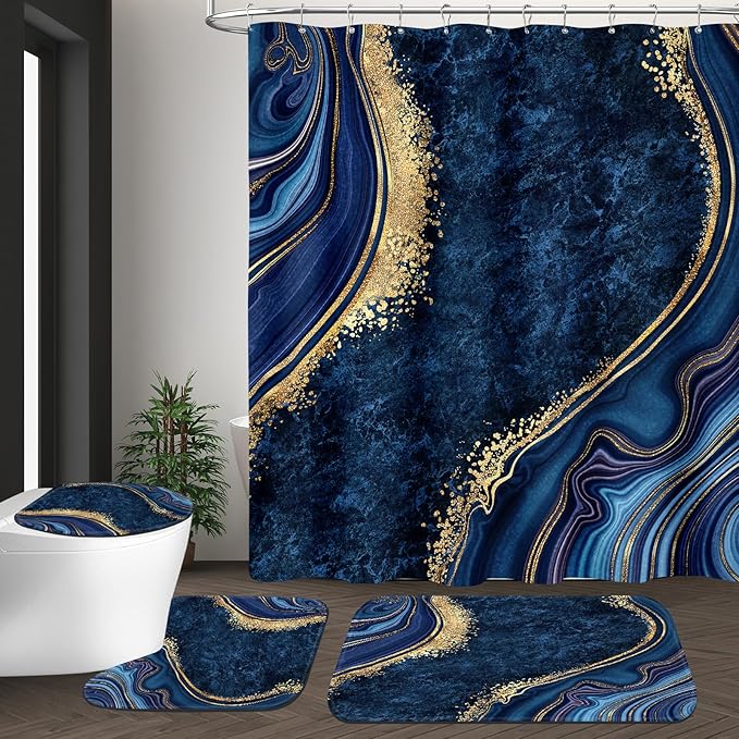 4PCS Navy Blue Gold Marble Bathroom Sets with Shower Curtain and Rugs, Abstract Shower Curtain Sets with Rugs for Bathroom Decor, Modern Bathroom Curtains Shower Set with Toilet Lid Cover