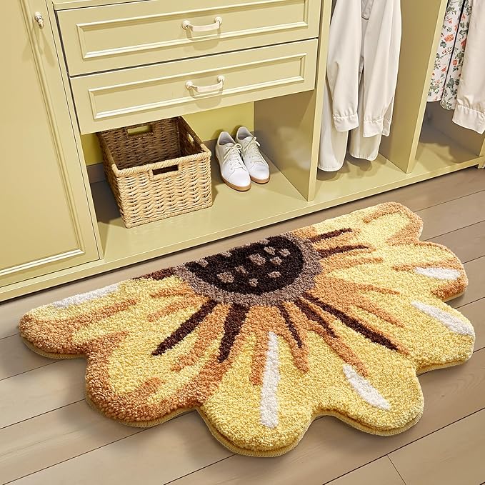 LUMI Floral Bath Mat, Sunflower Bathroom Rug, Soft Plush Fluffy Yellow Bath Mat, Absorbent, Non-Slip for Bathroom, Kitchen Sink, Bedroom, Kid's Bedroom, and Living Room, 24"x43"