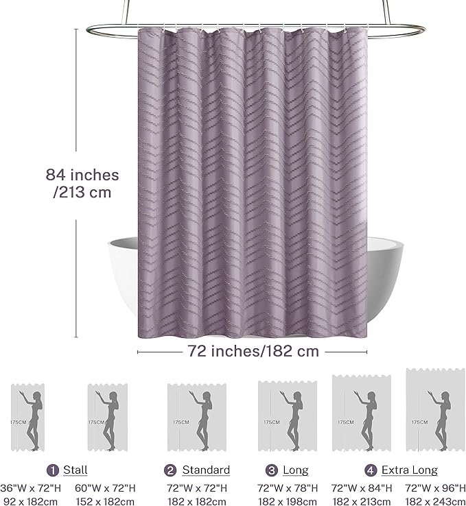 Extra Long Boho Shower Curtain - Purple Woven Fabric, 72 x 84, Tufted Chevron Striped, Modern Chic Textured Minimalist