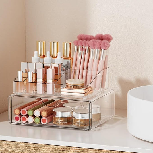 Bathroom Counter Organizer Clear - 2Pcs Stackable Makeup Countertop Organizer for Vanity - Multi-Purpose Skin Care Lipstick Cosmetic Organizer