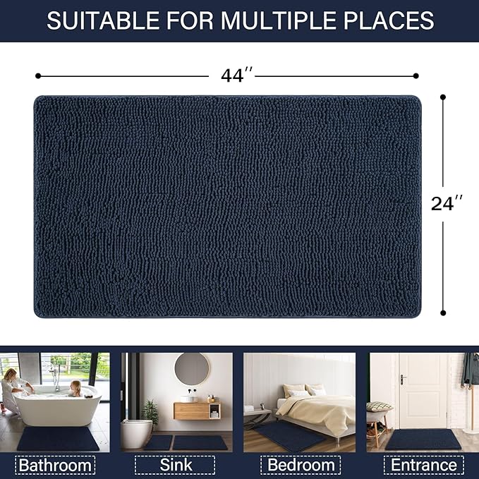 LOCHAS Luxury Bathroom Rug Shaggy Bath Mat 24 x 44 Inch, Washable Non Slip Bath Rugs for Bathroom Shower, Soft Plush Chenille Absorbent Carpets Mats, Navy