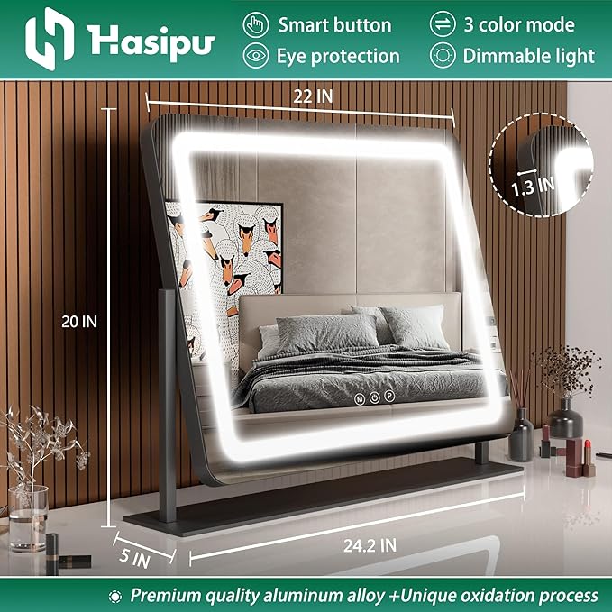 Hasipu Vanity Mirror with Lights, 24.2" x 20" LED Make up Mirror, Light up Mirror with 10X Magnification and USB Charging Port, Phone Holder, Smart Touch 3 Colors Dimmable, 360° Rotation (Black)