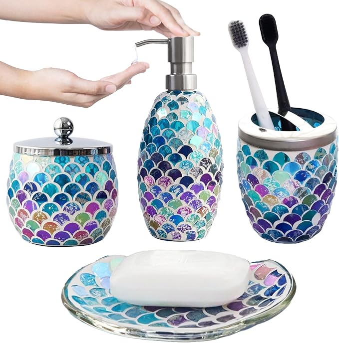 Escenzy Mermaid Bathroom Accessories Sets 4 Pcs | Luxurious Soap Dispenser, Toothbrush Holder, Cotton Glass Jar, Soap Tray | Mermaid Bathroom Decor | Modern Mosaic Glass Bathroom Accessories