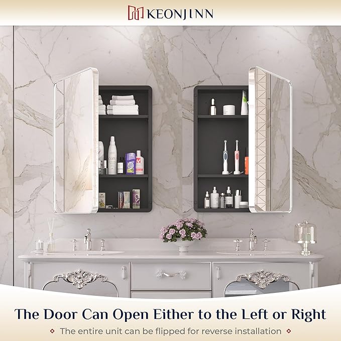 Keonjinn 24 x 32 Inch Chrome Recessed Medicine Cabinets, Bathroom Mirrored Medicine Cabinet, Silver Stainless Steel Framed, Adjustable Shelves, in Wall or Surface Mount, Sturdy & Heavy, Farmhouse