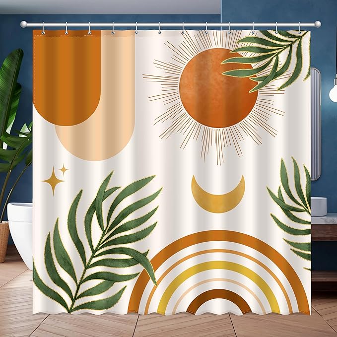 Boho Mid Century Shower Curtain, Bohemian Orange Minimalist Simple Aesthetic Modern Bathroom Decor, Spring Summer Colorful Rainbow Sun Moon Botanical Fabric Cloth Bath Curtain 72x72 Inches