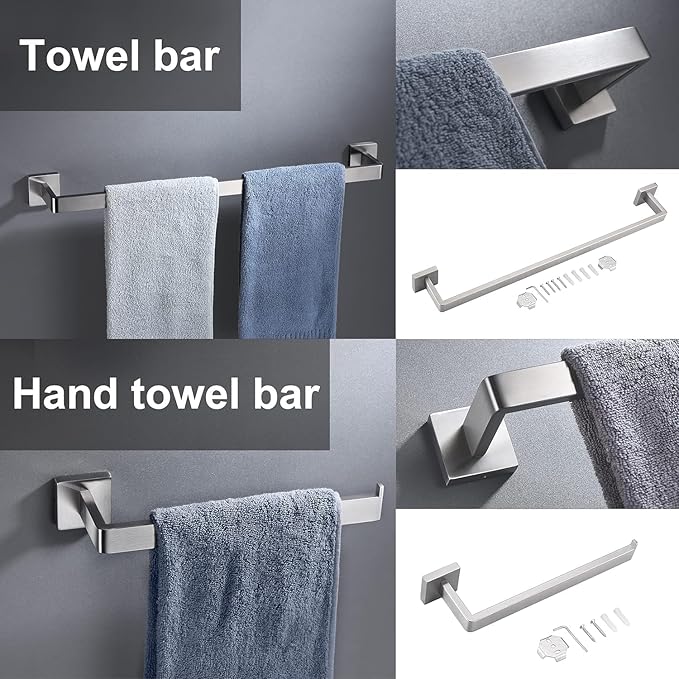 5 Pieces Brushed Nickel Bathroom Hardware Set Include 24inch Towel Bar,2pcsTowel Hooks,Toilet Paper Holder Square SUS304 Stainless Steel Bathroom Accessories Set Heavy Duty Wall Mounted