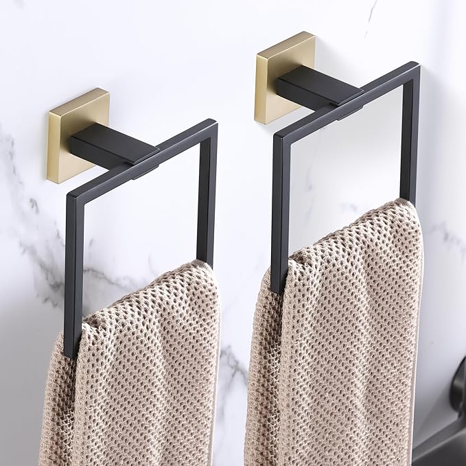 LANC Hand Towel Holder for Bathroom Wall Mount Matte Black and Brushed Gold Square Hand Towel Holder for Bath Lavatory SUS304 Stainless Steel Modern Style Shower Towel Towel Racks Hanger, A8896GK