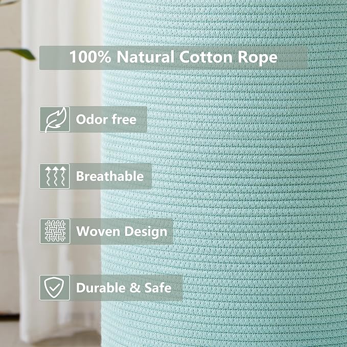 15Dx20H inches Tall Green Hamper Cotton Rope Laundry Basket Woven Hamper for Clothes Blanket Storage in Bedroom Livng Room for Baby Nursery Kids Toys Organize 62L Capacity