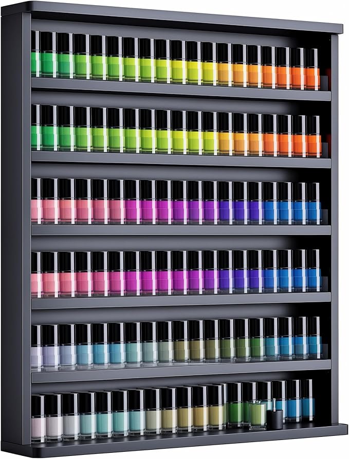 Kikihouse Wood Nail Polish Rack, Wall Mount Nail Polish Organizer, 6 Layers Nail Salon Storage Display Shelves Perfume Essential Oil Bottles Holder w/Acrylic Baffle, Black