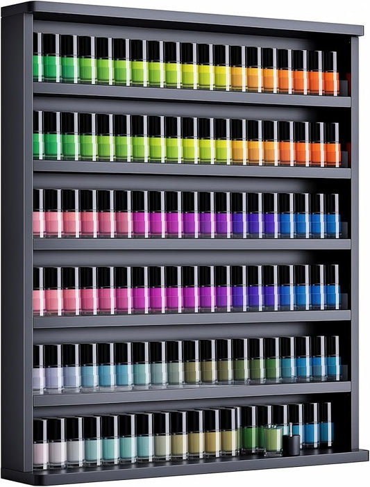 Kikihouse Wood Nail Polish Rack, Wall Mount Nail Polish Organizer, 6 Layers Nail Salon Storage Display Shelves Perfume Essential Oil Bottles Holder w/Acrylic Baffle, Black