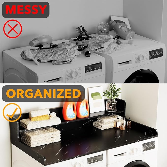 SpaceAid Washer Dryer Countertop with 2-Tier Shelf, Wood Topper with Edge, 54" Width x 27.5" Depth Cover Organizer Guard for Washer and Dryer Counter Laundry Hamper Storage (Black Marble)