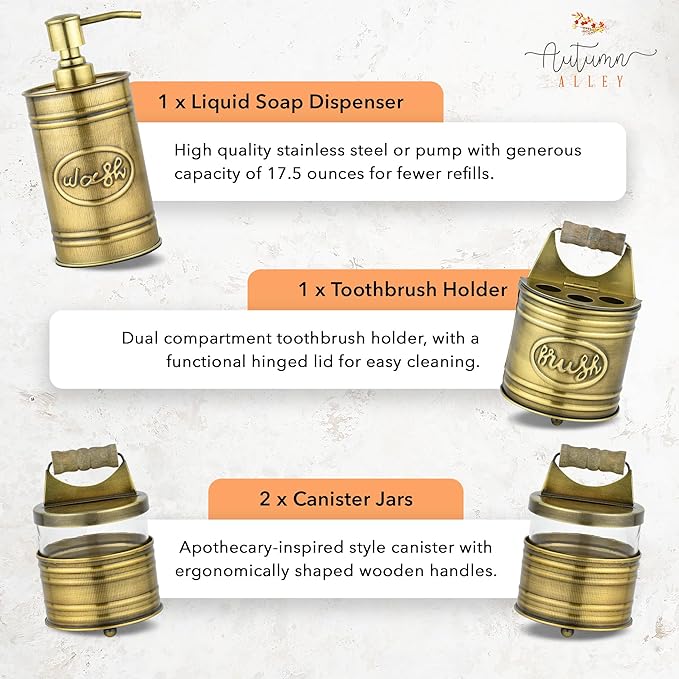 Autumn Alley Rustic Bathroom Accessories Set Vintage Brass Farmhouse Soap Dispenser, Antique Brass Toothbrush Holder, 2 Apothecary Jars Qtip Holder Glass - Rustic Bathroom Decor, Bathroom Accessories