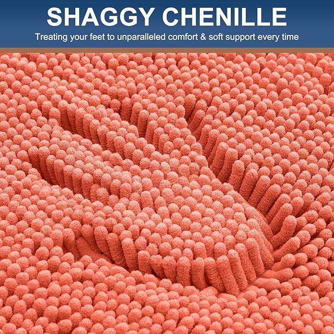 Smiry Luxury Chenille Bathroom Rugs 24x16, Extra Soft and Absorbent Shaggy Bath Mat, Machine Washable, Non-Slip Plush Carpet Runner for Tub, Shower, and Floor, Home Decor Accessories, Coral