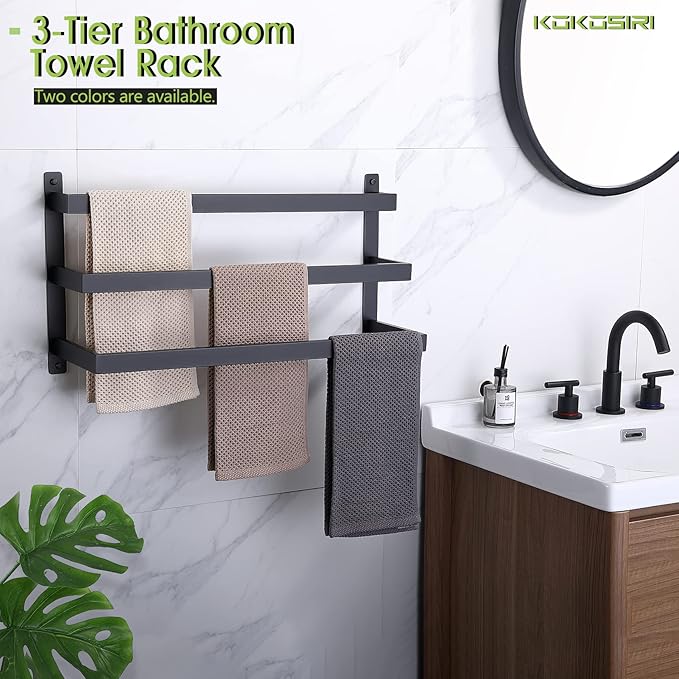 KOKOSIRI Towel Bars Black Bath Towel Holders Bathroom 3-Tiers Ladder Towel Rails Wall Mounted Towels Shelves Rack Stainless Steel, B5006BK-L24