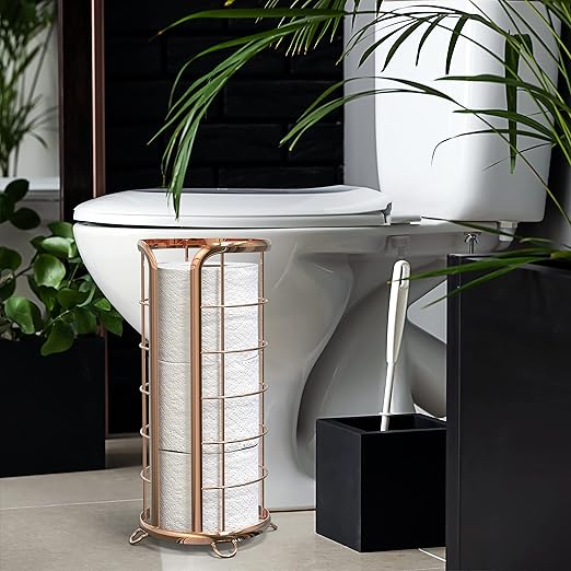 BROOKSTONE Toilet Paper Holder Stand Reserve - Free Standing Toilet Paper Stand with Storage that Holds Mega Rolls, Standing Bathroom Tissue Organizer, Bathroom Decor - Modern Storage Holder, Rose