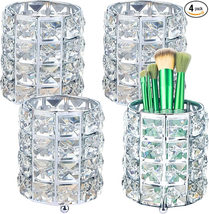 LUEXBOX 4 PCS Crystal Makeup Brush Holder, Bling Makeup Tools Organizer, Round Cosmetics Brush Storage Container for Table, Dresser, Bathroom, Bedroom Organization (Silver)