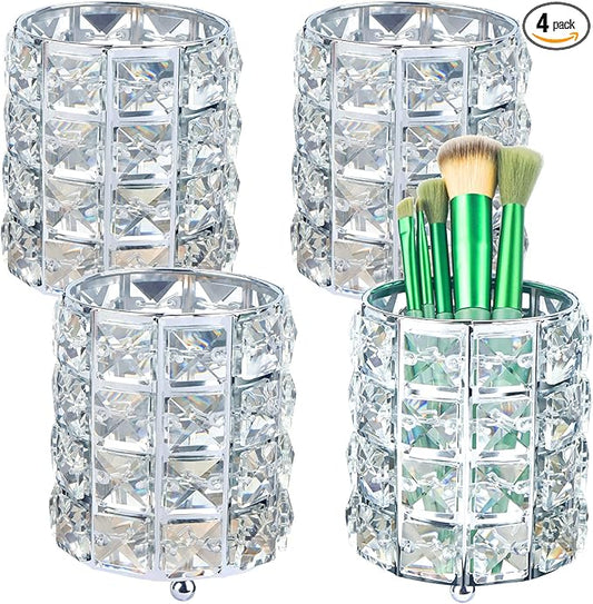 LUEXBOX 4 PCS Crystal Makeup Brush Holder, Bling Makeup Tools Organizer, Round Cosmetics Brush Storage Container for Table, Dresser, Bathroom, Bedroom Organization (Silver)