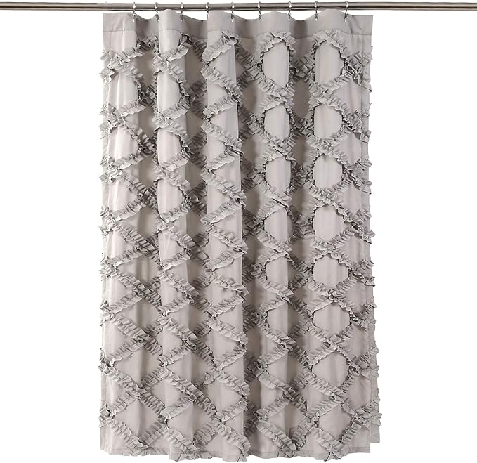 Lush Decor Ruffle Diamond Shower Curtain 72"L x 72"L Gray - Fabric Shower Curtains for Bathroom - Gray Bathroom Curtain - Vintage Farmhouse Decor