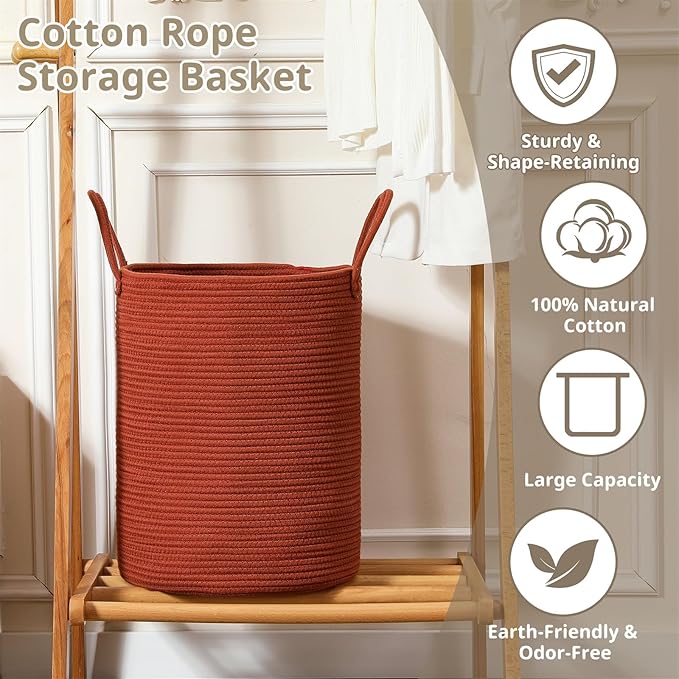60L Large Woven Laundry Basket Hamper, 100% Natural Cotton Rope, Handwoven & Durable, Storage for Blankets, Toys, Clothes, Decorative Nursery Hamper for Living Room, Baby Room, Bedroom (Terracotta)